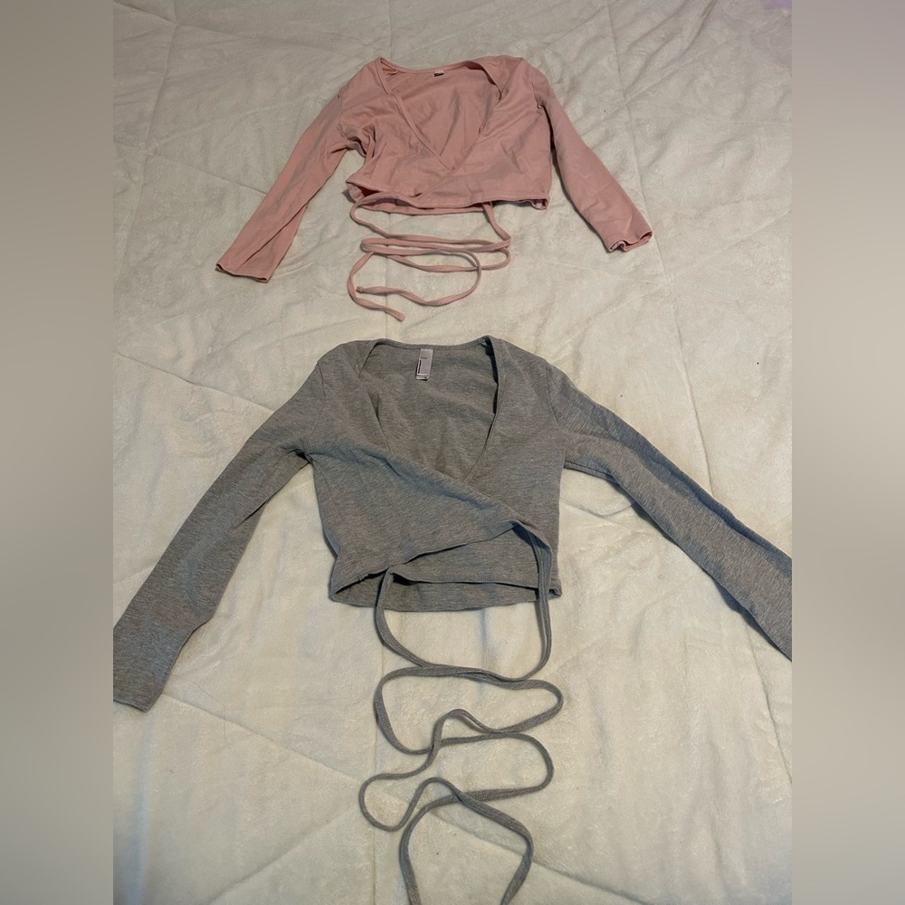 Long Sleeve Crisscross Top Pink and Grey